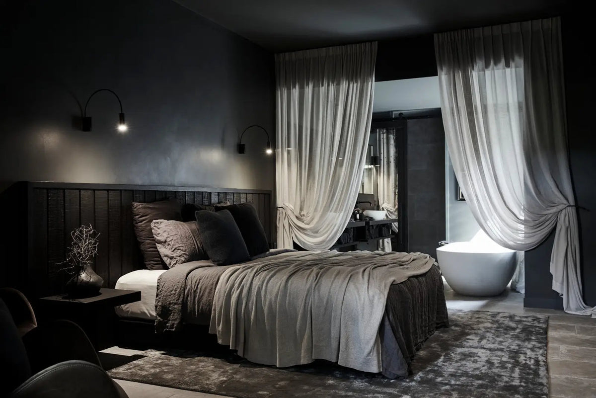 Deluxe King with Bath, freestanding bath and sheer linen curtains